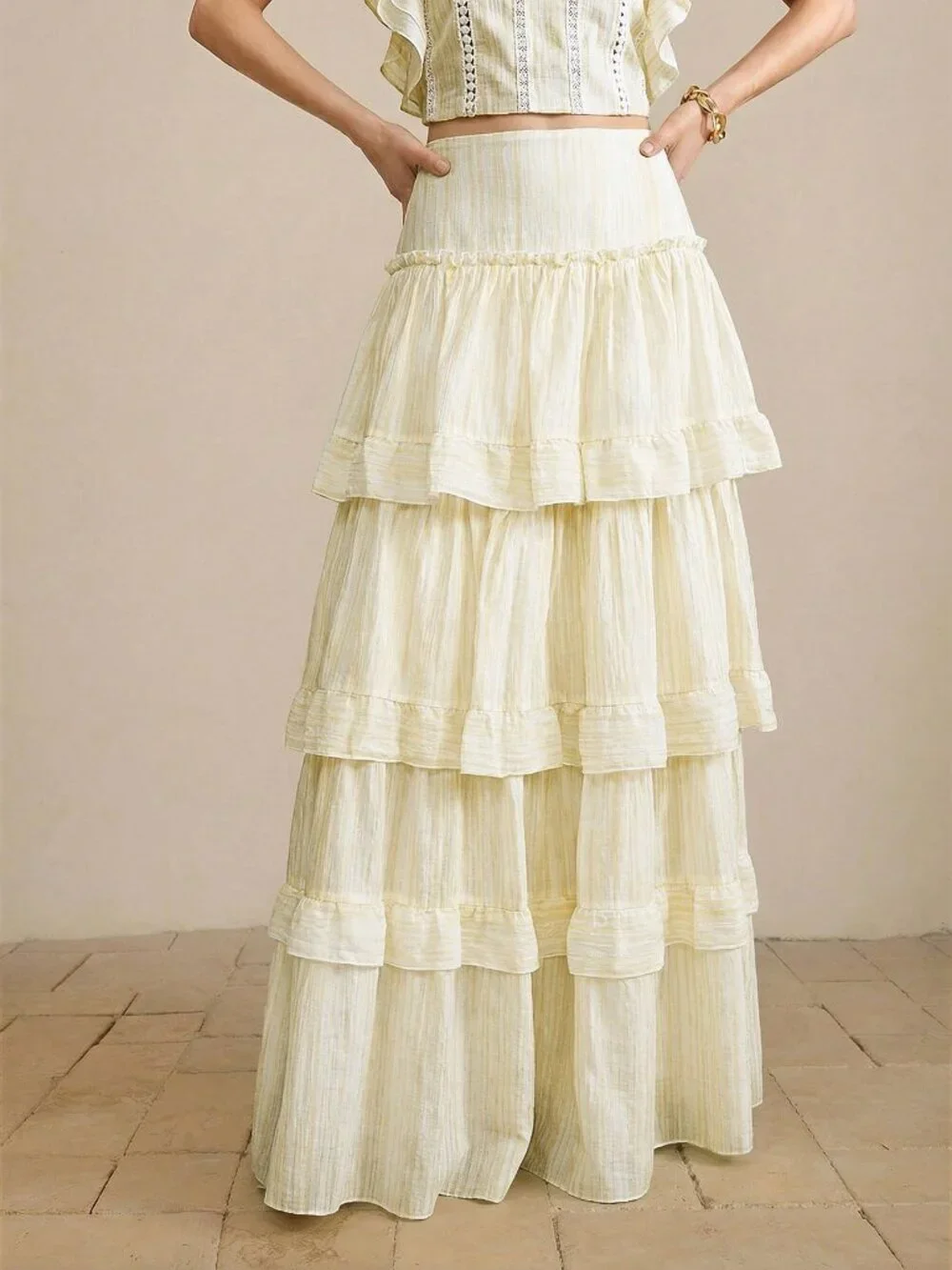 Yellow Boho Casual Women's Tiered Ruffle Hem Multi-Layer Skirt